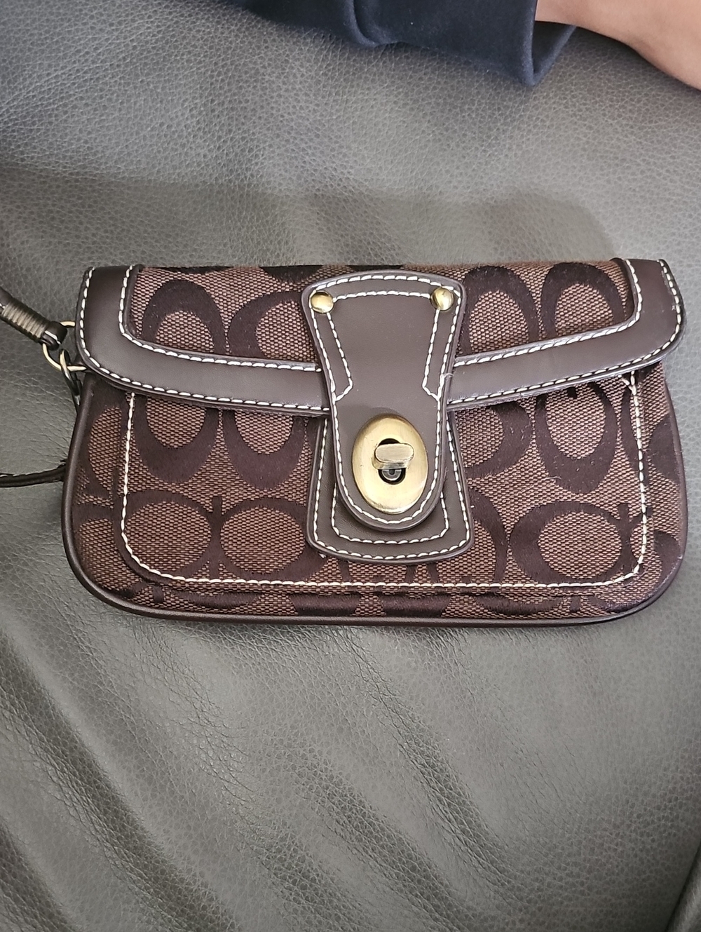 Coach Brown Signature Canvas Wristlet Phone Pouch with Turn-Lock